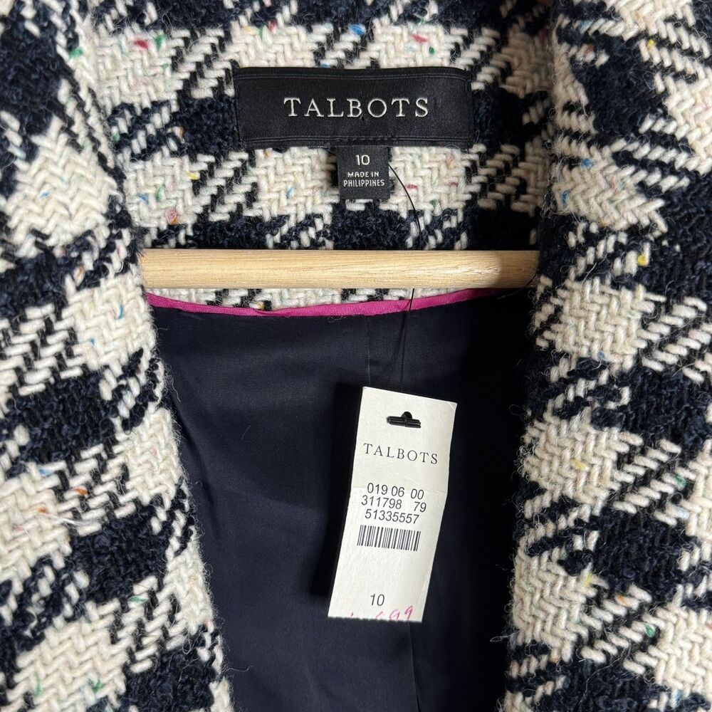 Talbots Blazer Womens 10 Black White Houndstooth Wool Blend Tweed Jacket office - Picture 6 of 12